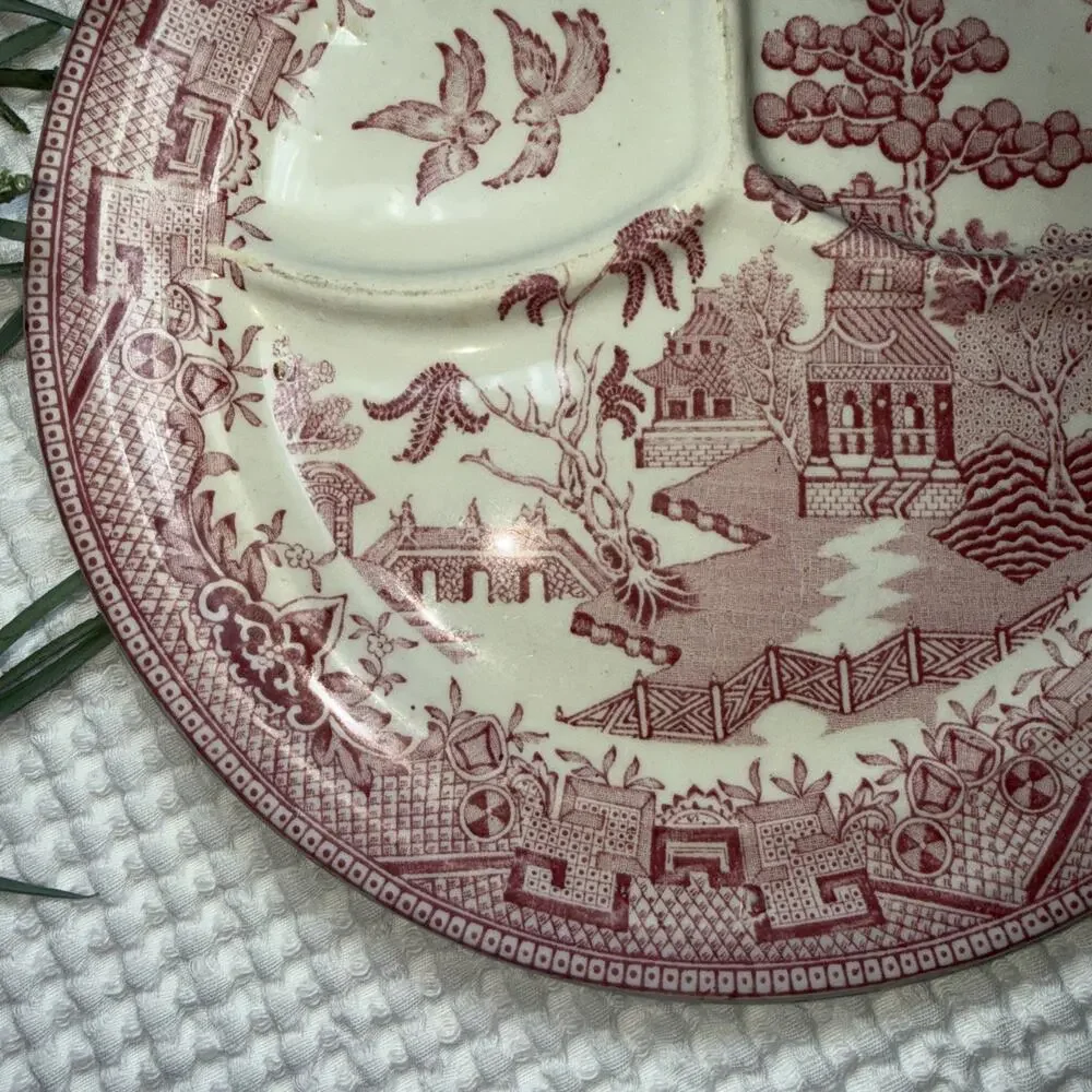 Vintage pink Rosa red Willow divided dinner plate outdoor scene birds, USA